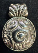 Silver Pewter Round Swirl Slider Pendant Black Accents Designer Look 1.75"