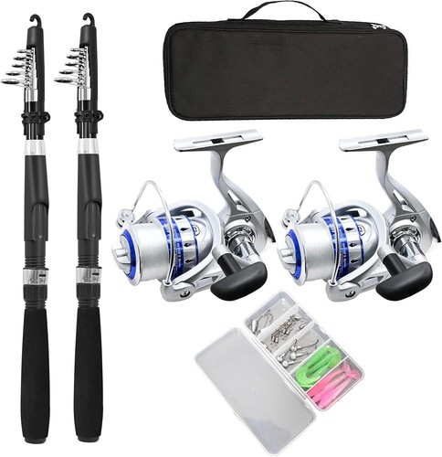 Fishing Pole Combo Set,2.1m/6.89ft 2PCS Collapsible Rods Spinning Reels Lures