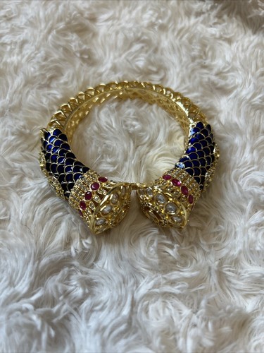Peacock Kundan Sapphire Blue Bridal bracelet women kadha - Picture 11 of 11