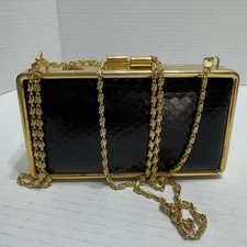 Andre Cellini Brass Art Deco Purse Clutch Bag Hard Shell Gold Black Leather Vtg