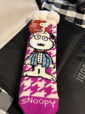 Pink Peanuts / Snoopy Sherpa Lined Socks; Non-Skid Soles One Size Fits Most -A9