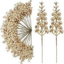 Sggvecsy 30 Christmas Glitter Red Berry Stems Artificial Holly Picks