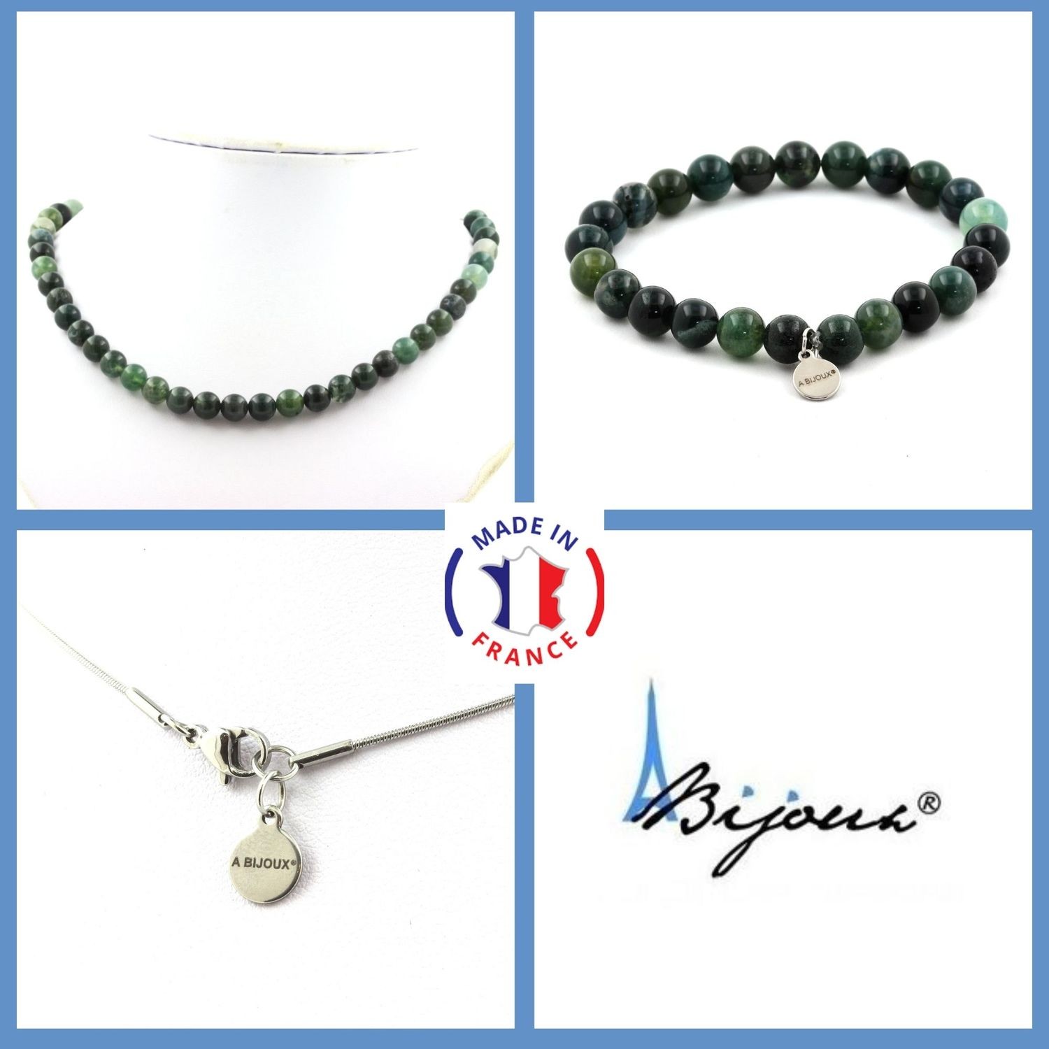 Parure en agate mousse naturelle : bracelet et collier en perles haut de gamme