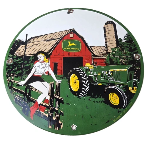 Vintage John Deere Pin Up Porcelain Sign - Barn Tractor Farm Girl Sign