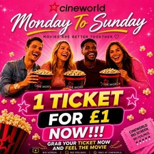 1x Cineworld Cinema Tickets For �1.00  Valid Monday To Sunday - Read Description