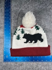Old Navy Beanie Toque Adult One Size White Red Knit 100 Acrylic Bear Trees Pom