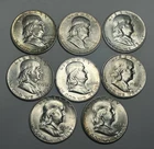 1950, 1950 D AND 1952 S BU FRANKLIN HALF DOLLAR LOT / 7 COINS