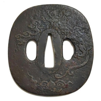 Japanese sword Tsuba Hoju Cloud Dragon Iron Square Thin Wall Carving