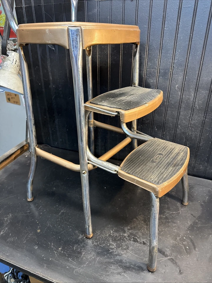 Mid Century Cosco Retro Style Farmhouse Counter Chair/Step Stool Chrome Tan - Image 4 of 4