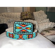 VINTAGE NATIVE TURQUOISE BEADED LEATHER BELT  MATCHING BUCKLE