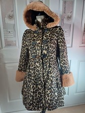 Designer statement animal print fur trim hooded swing style Coat  S M 10 12 