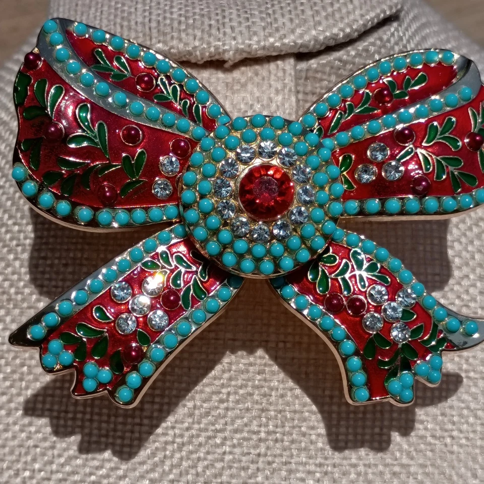 Christmas Brooch Poinsettia Bow Red & Green Enamel Teal Rhinestone Gold Tone - Image 3 of 4