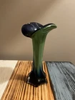 Vintage 1960s Murano Style Jack in the Pulpit Glass Vase Green Blue Trumpet