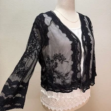 Nina Leonard Boho Romantic Sheer Mesh Embroidered Lace Cardigan Top Women XL