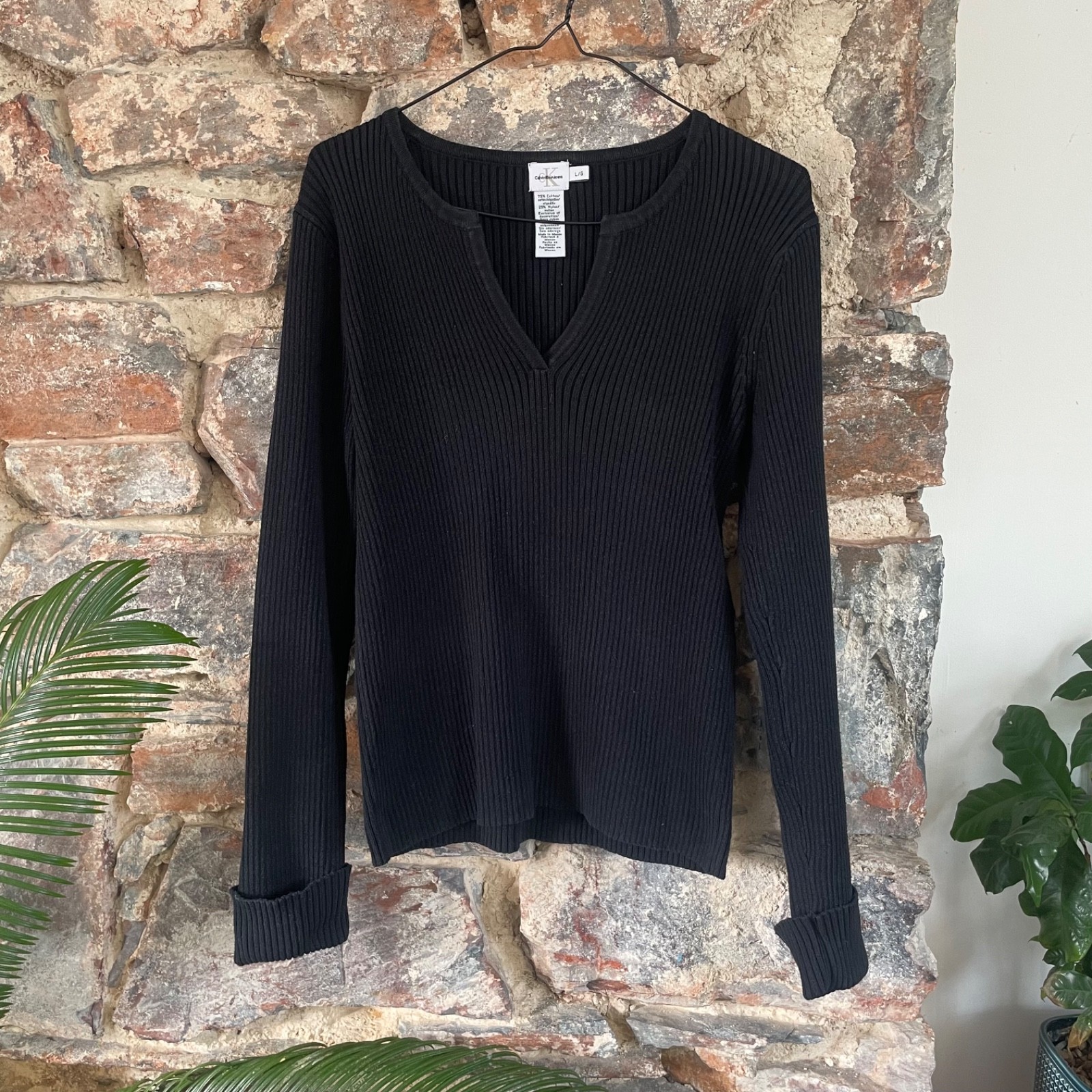 Calvin Klein Womens Black V-Neck Knit Ribbed Cotton Jumper L