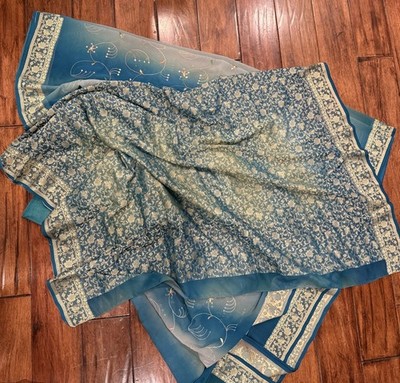 Lot Of 3 Vintage New Saris, Indian, Embroidered, Teal, Blue, White/Rose Varanasi