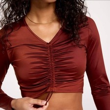 CALIA Long Sleeve Brown Shine Ruched Rash Guard Crop Swim Top Women's Sz XL NEW