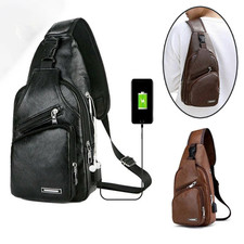 Fashion Leather Sling Bag   Men  s Chest Bag with USB Charging Port