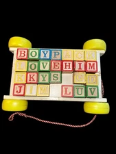 Vintage Playskool Pull Along Wagon Wooden Alphabet Blocks ABC 1980s
