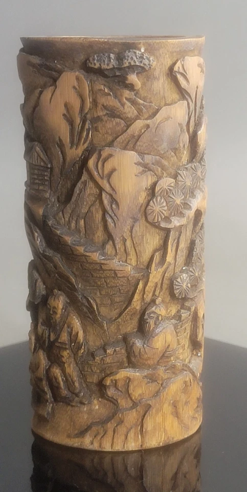 Jarrón de bambú tallado en relieve elevado chino vintage Village Life Foto 3 de 4