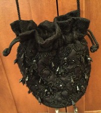 BEADED BLACK EVENING BAG-VERY FANCY DRAW STRING-MINT CONDITION