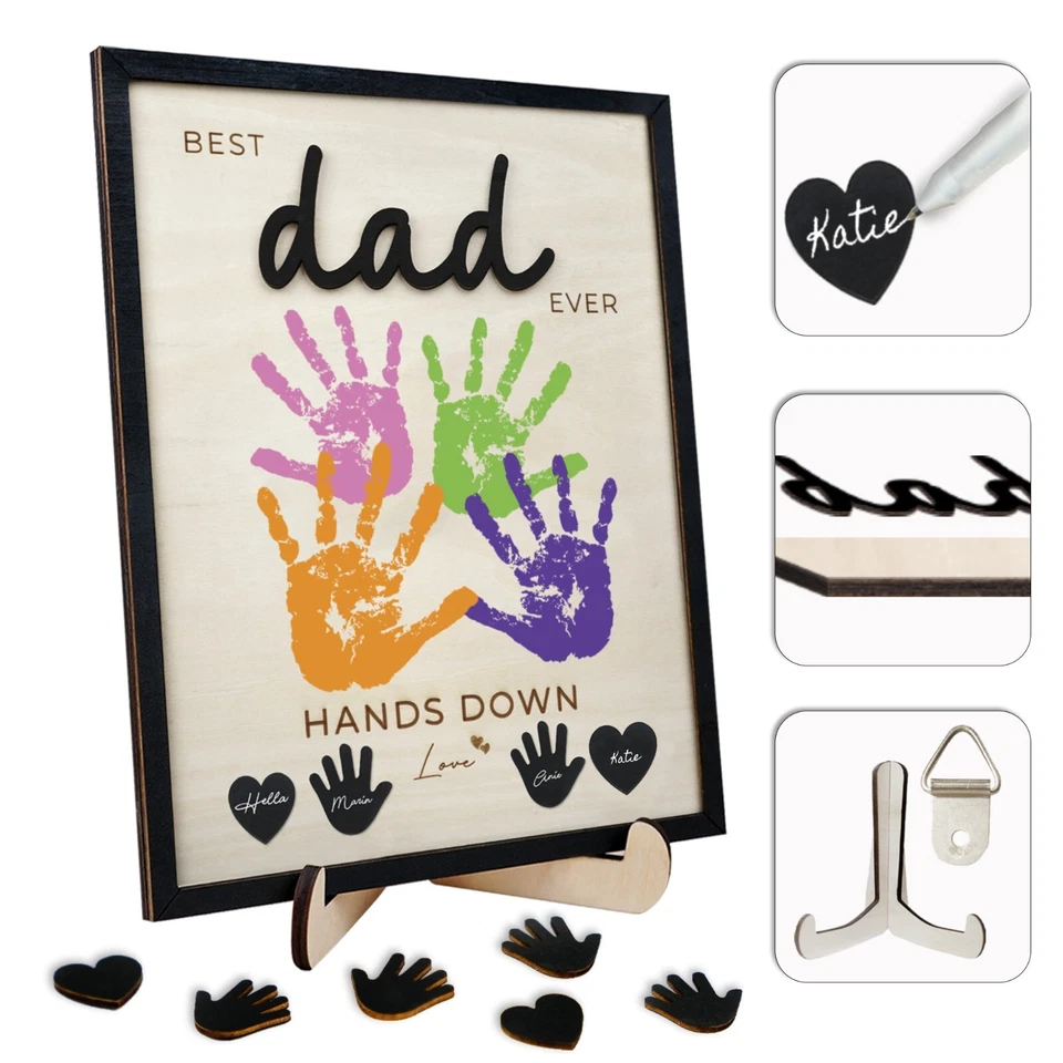 Hands Down Best Dad Ever Frame Presente de Dia dos Pais Arte de Madeira para Família Impressão à Mão - Imagem 4 de 4