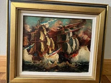Original MCM  18th Cent. Frigate Battleship Scene Oil On Canvas, 9" x 11"