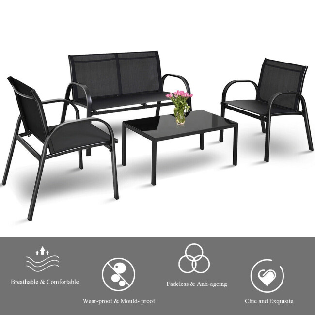 4PCS Black Furniture Set Chairs Glass Top Coffee Table Patio Garden Steel Frame