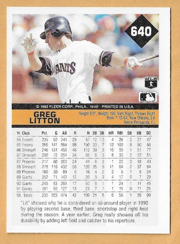 GREG LITTON SAN FRANCISCO GIANTS #640 - FLEER NM-MT 1992 - Picture 2 of 2
