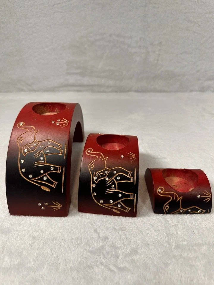 Red Ombré Wooden Elephants Floral Nesting Half Moon Candle Holders Hand Tealight - Image 2 of 4