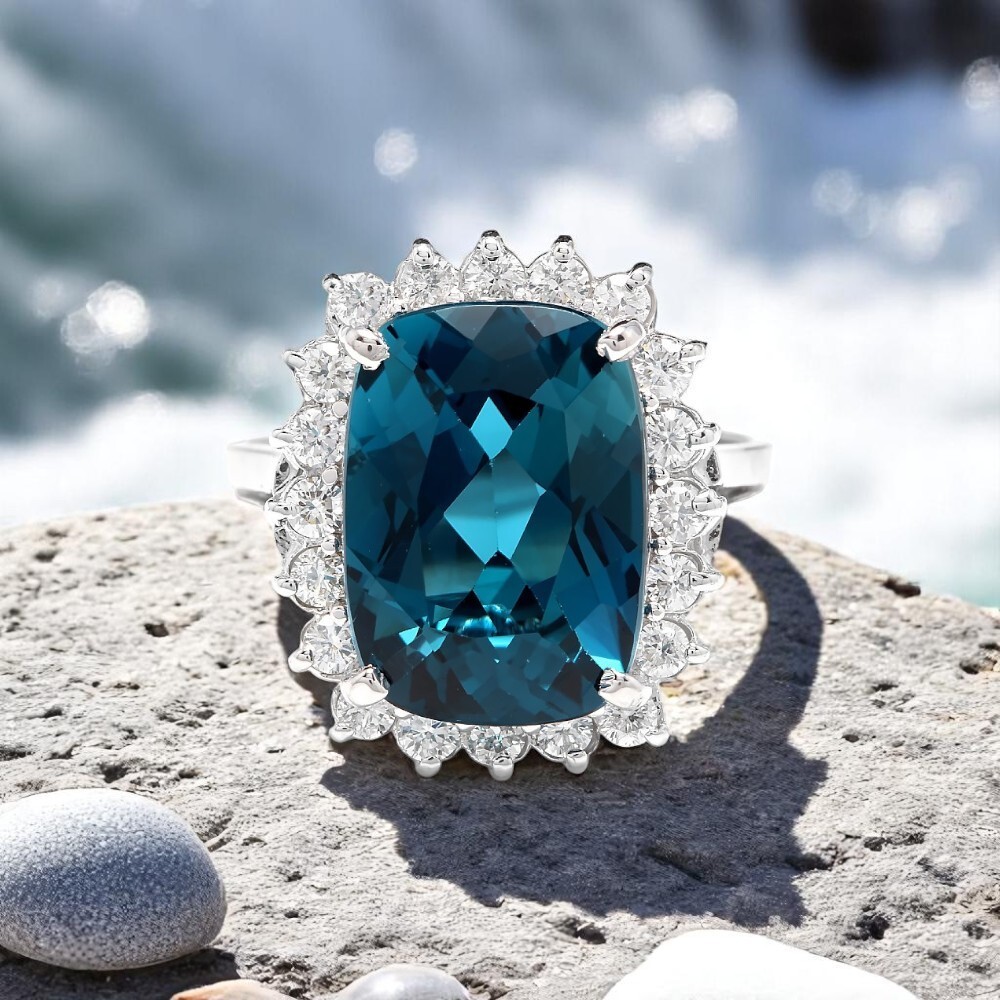 18K White Gold Wedding Ring Ct Cushion Cut London Blue Topaz