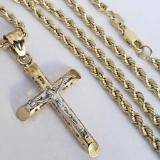 14k yellow gold Jesus crucifix cross pendant 24 inch 2 m rope chain chain set