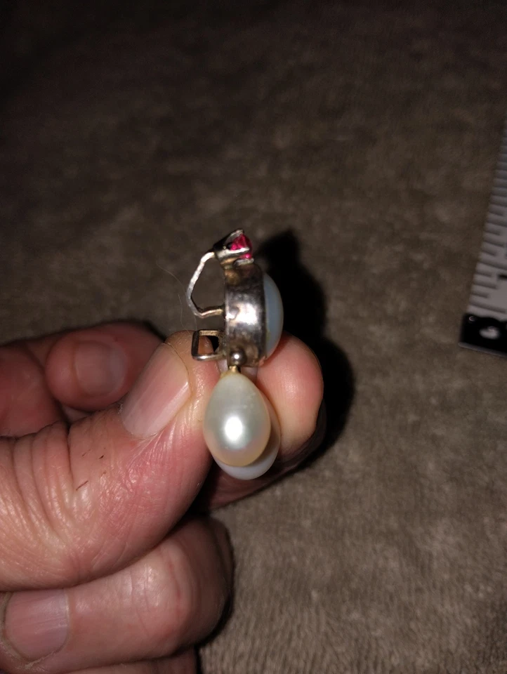 Vintage Pearl Sterling Silver & 3.2mm Ruby 14k White Gold Pendant - Image 4 of 4