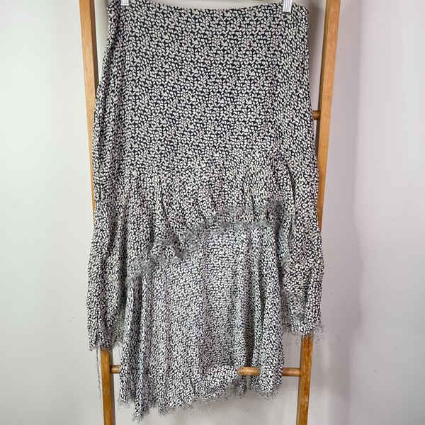 IRO Skirt Womens 42 Grey Leafy Print High Low Fringe Hem High Rise Midi Outdoor