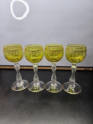 4 Old Moser Czech Glass Wine Goblets - Peridot Green Gold Trim Clear Stems 7'' H