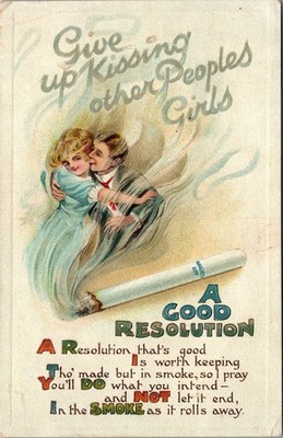 1911 postcard  GOOD RESOLUTION GIVE UP KISSING OTHER PEOPLES GIRLS smoke fantasy