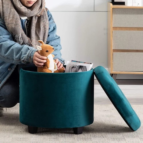 HNNHOME 45cm Rund Leinen Gepolstert Sitz Ottomane Aufbewahrung Hocker Box, Fußhocker Türkis - Bild 4 von 5