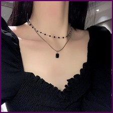 Retro Double Layer Clavicle Chain Necklace Women Dark Style Black Acrylic