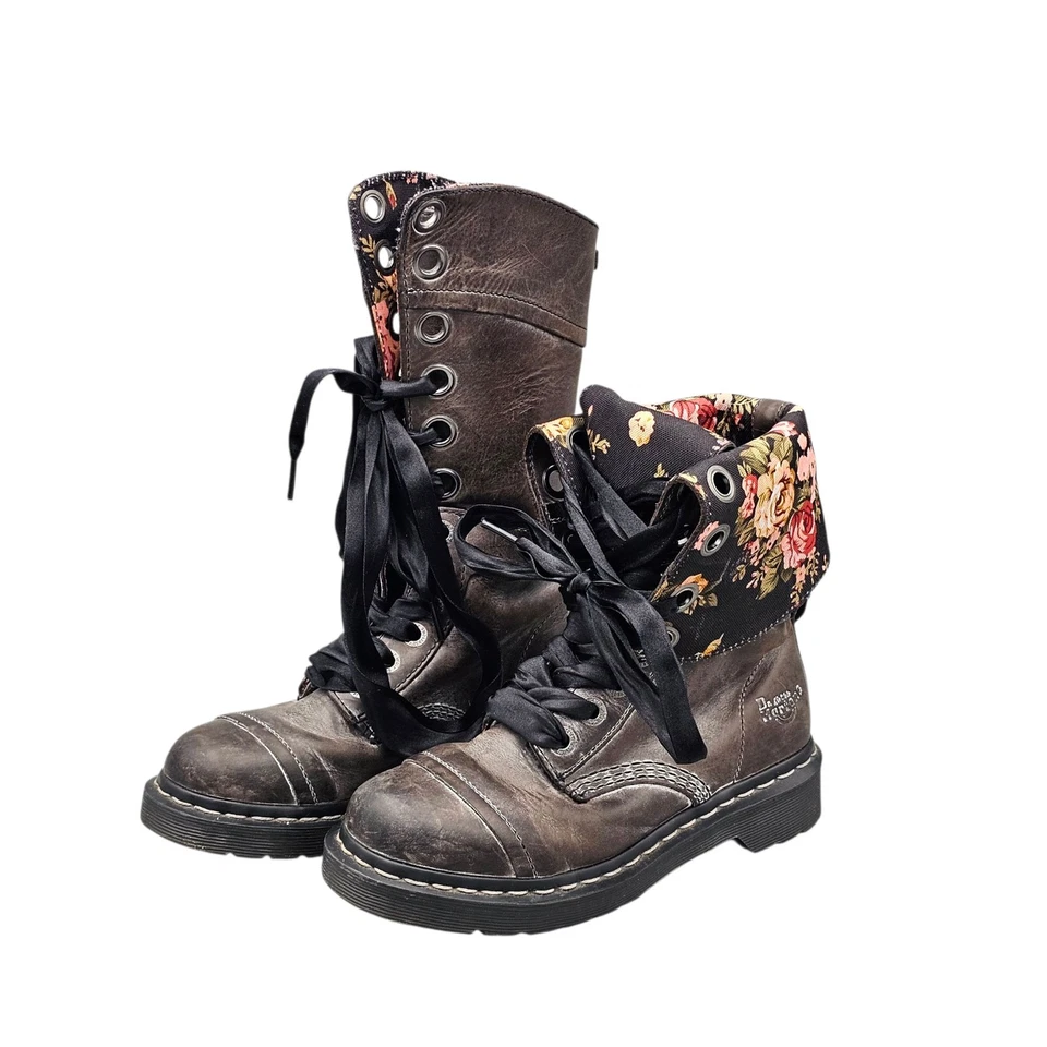Botas Dr Doc Martens para mujer talla 6 EE. UU. 1914 Triumph gris encerado rosa forradas con flores Foto 3 de 4