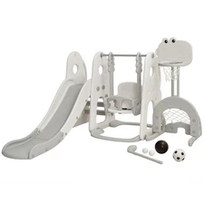 Babyjoy 6 in 1 Toddler Slide and Climber Playset  Swing Set w/ Ball Games White