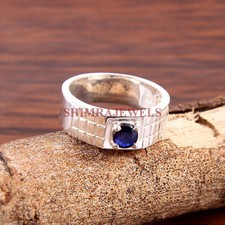 Anello In Argento Sterling 925 Con Gemma Di Zaffiro Blu Riscaldata Per Uomo #200