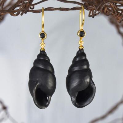 Trumpet Sea Snail Earrings Carved Horn Spinel Gold Vermeil Sterling Silver 5.70g