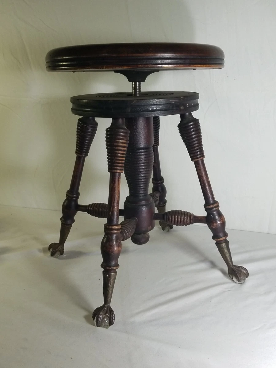 Vintage Wooden Piano Stool Adjustable Height Glass Claw Foot 4 Legged