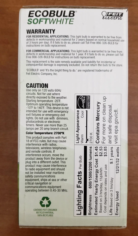 50/100/150 EQUIVALENT 3 WAY CFL ECOBULB LIGHT BULB SOFTWHITE Feit Electric NEW - Image 2 of 4