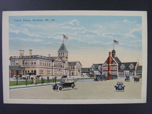 Decatur Illinois IL Union Depot Railroad Old Cars Antique Postcard 1915 ...