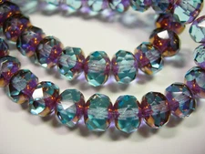 25 8x6mm Sapphire Blue with Bronze Czech Fire polished Rondelle beads
