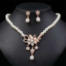 White Pearl Flower Dangle Necklace Earring Elegant Wedding Party Jewelry Set