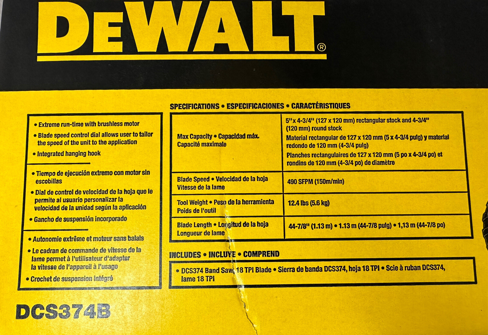 DEWALT 20V MAX XR LiIon 5 in. Band Saw (Tool Only) DCS374B NEW