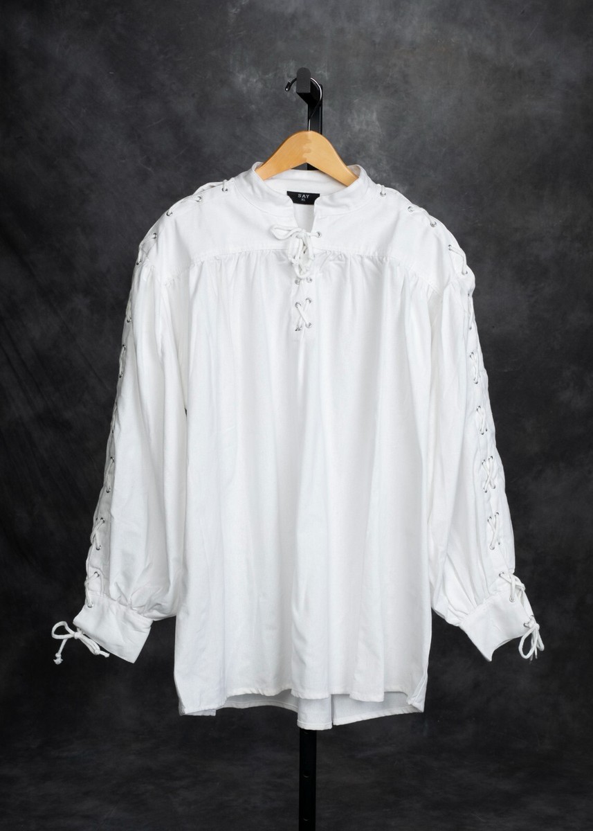 Renaissance Celtic Laced Neck & Sleeves Shirt White Cosplay Ren
