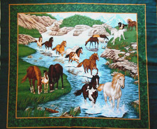 Fabric Quilt Panel 1 Yard Wild Horses Running in a River Mountains Grass Cotton